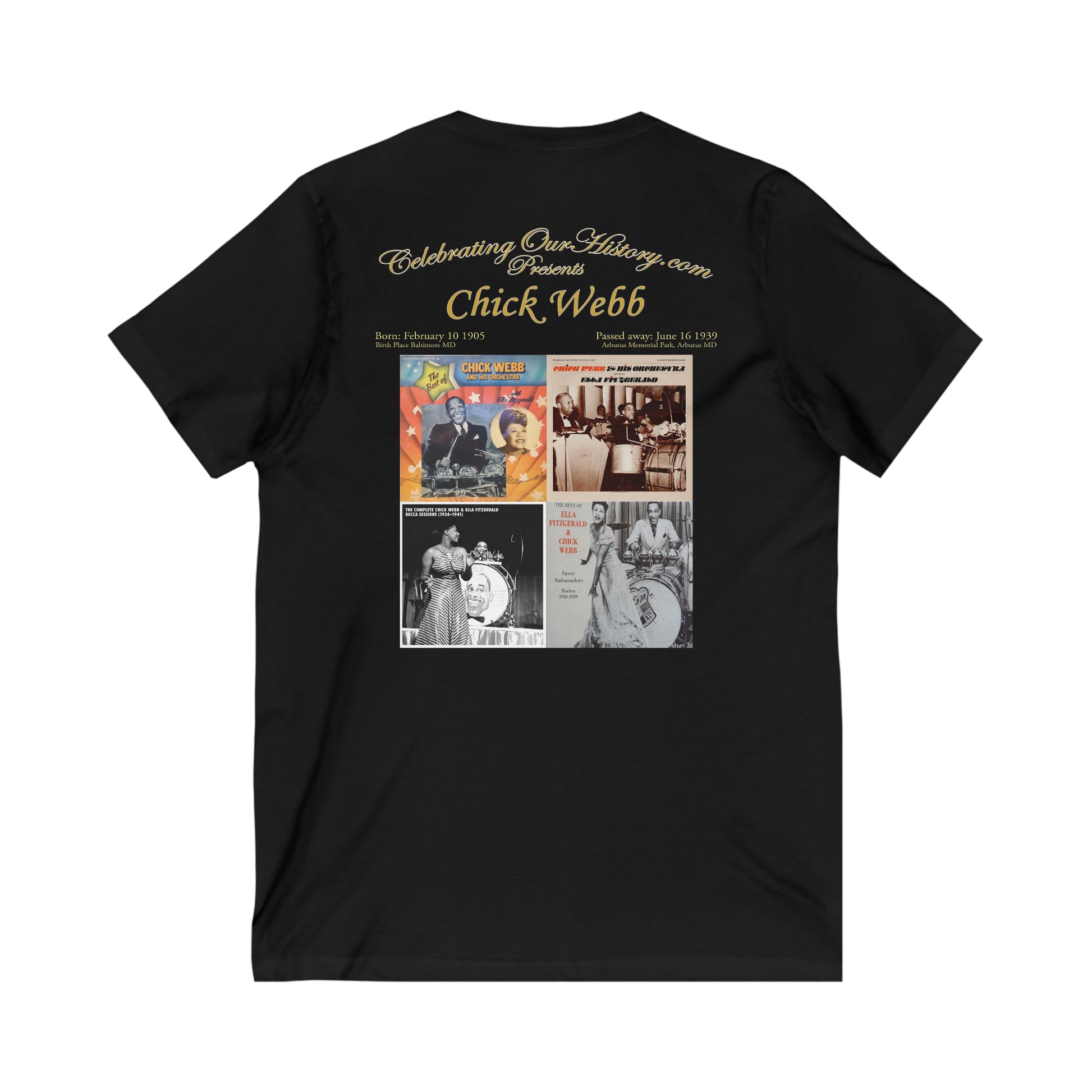 Chick Webb - Four Records - Front and Back Printed Concert Style V-Neck T-Shirt