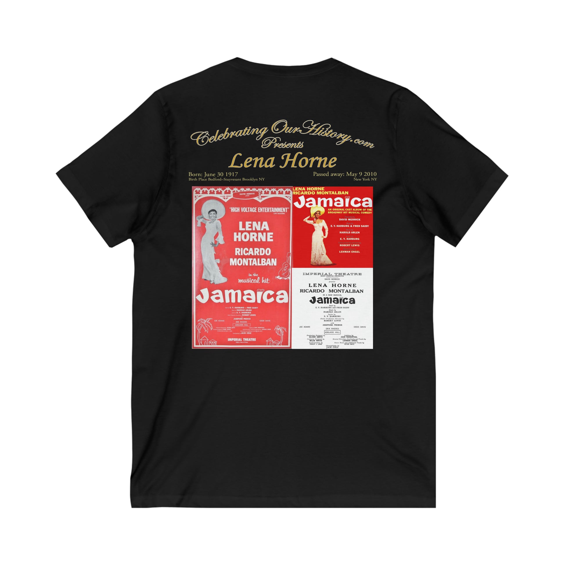 Lena Horne - Jamaica - Front and Back Printed Concert Style V-Neck T-Shirt