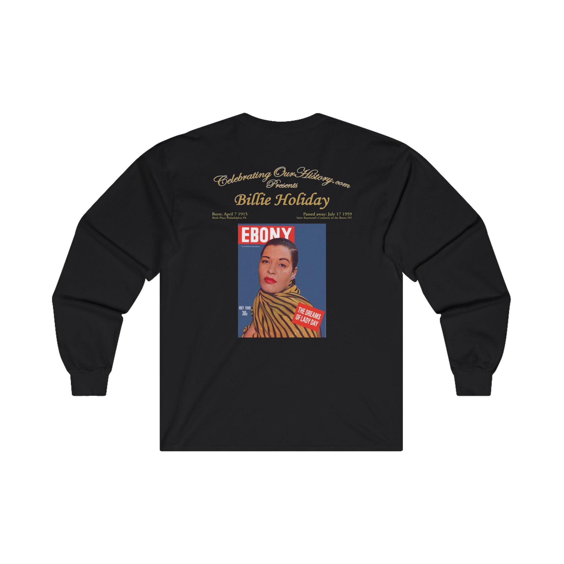 Billie Holiday - Ebony Magazine - Front and Back Printed Concert Style Long Sleeve T-Shirt
