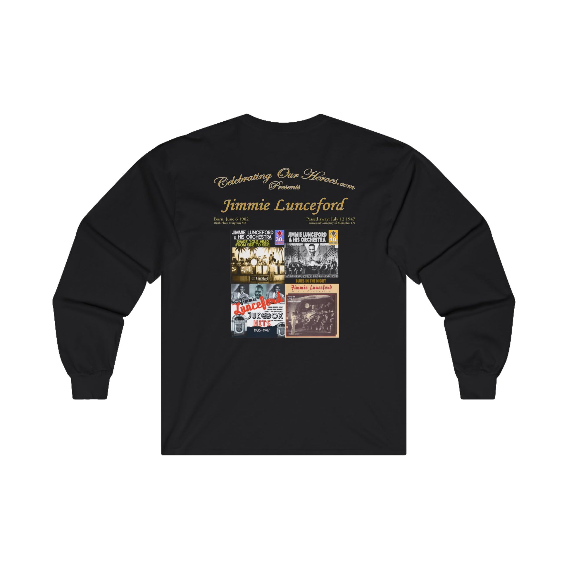 Jimmie Lunceford - Four Records - Front and Back Printed Concert Style Long Sleeve T-Shirt