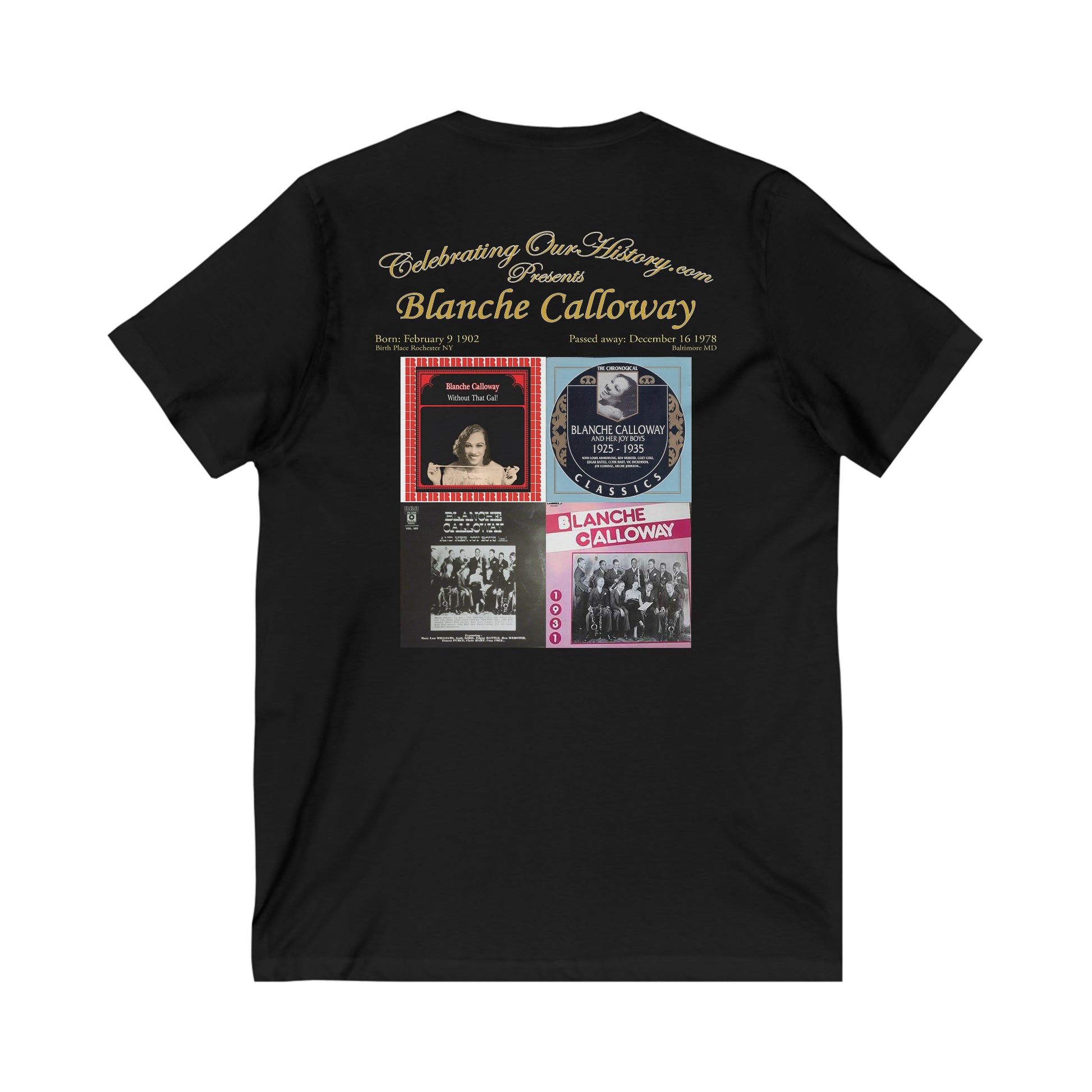 Blanche Calloway - Four Albums - Front and Back Printed Concert Style V-Neck T-Shirt