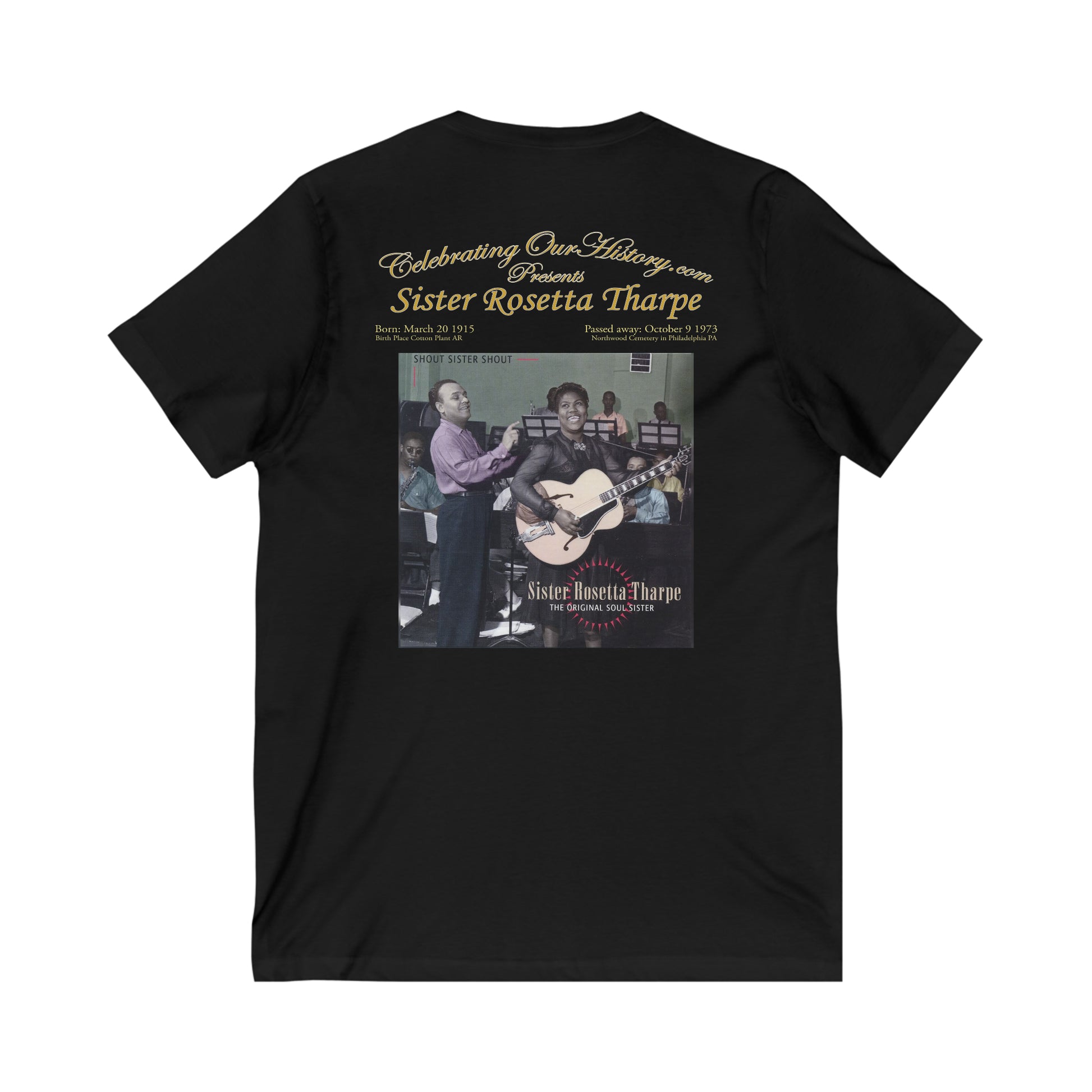 Sister Rosetta Tharpe - Shout Sister Shout - Front and Back Printed Concert Style V-Neck T-Shirt