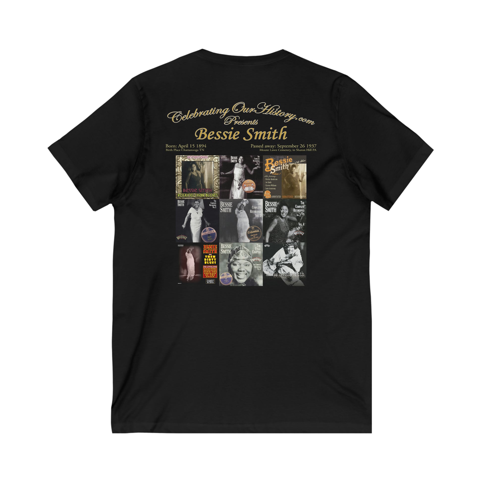 Bessie Smith - Nine Albums - Front and Back Printed Concert Style V-Neck T-Shirt