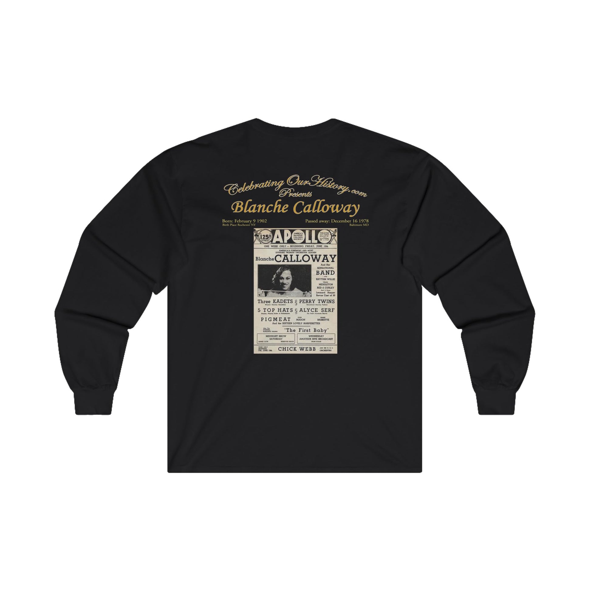 Blanche Calloway - Apollo - Front and Back Printed Concert Style Long Sleeve T-Shirt