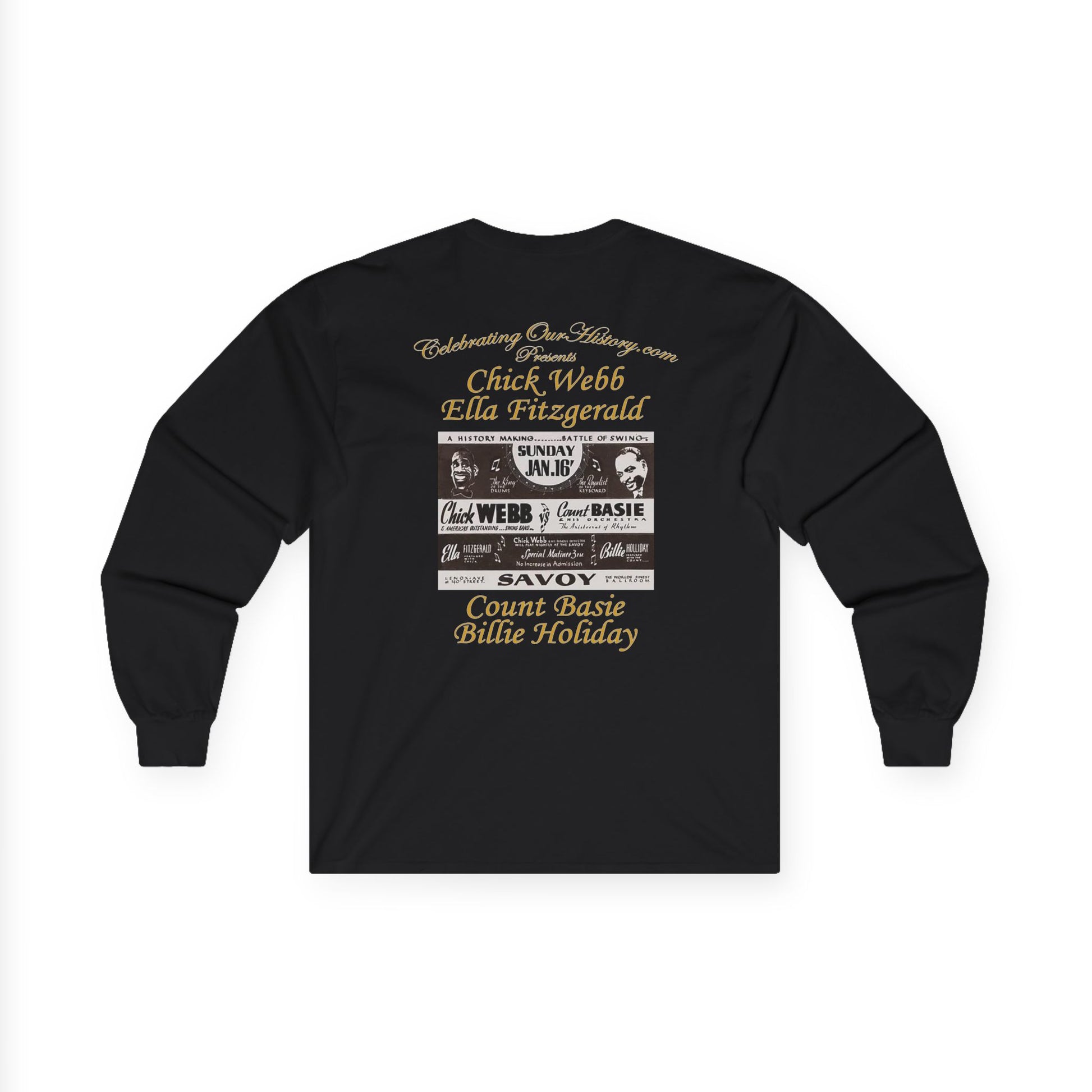 Chick Webb & Ella Fitzgerald vs Count Basie & Billie Holiday - Battle of Swing - Front and Back Printed Concert Style Long Sleeve T-Shirt