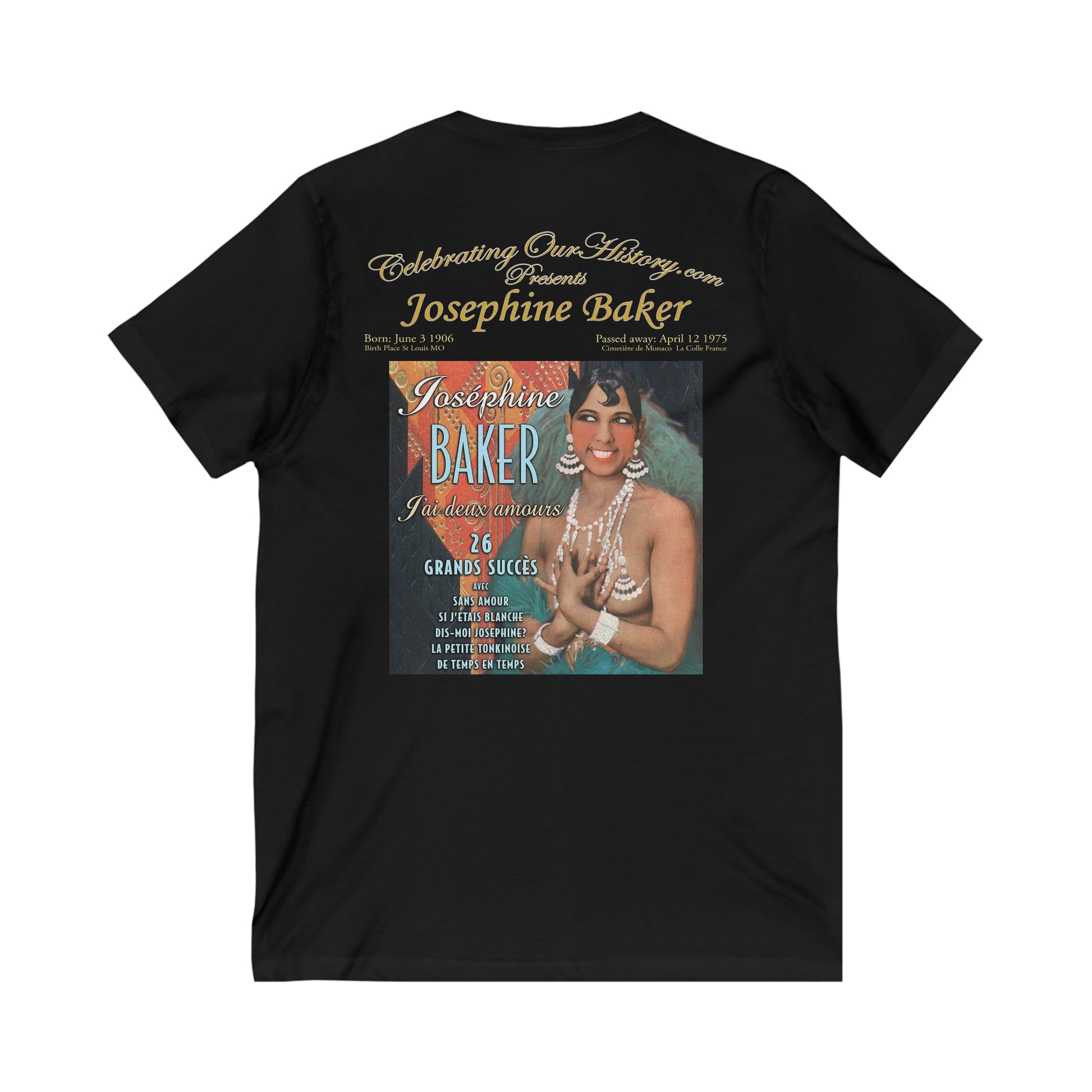 Josephine Baker - J'ai Deux Amours - Front and Back Printed Concert Style V-Neck T-Shirt