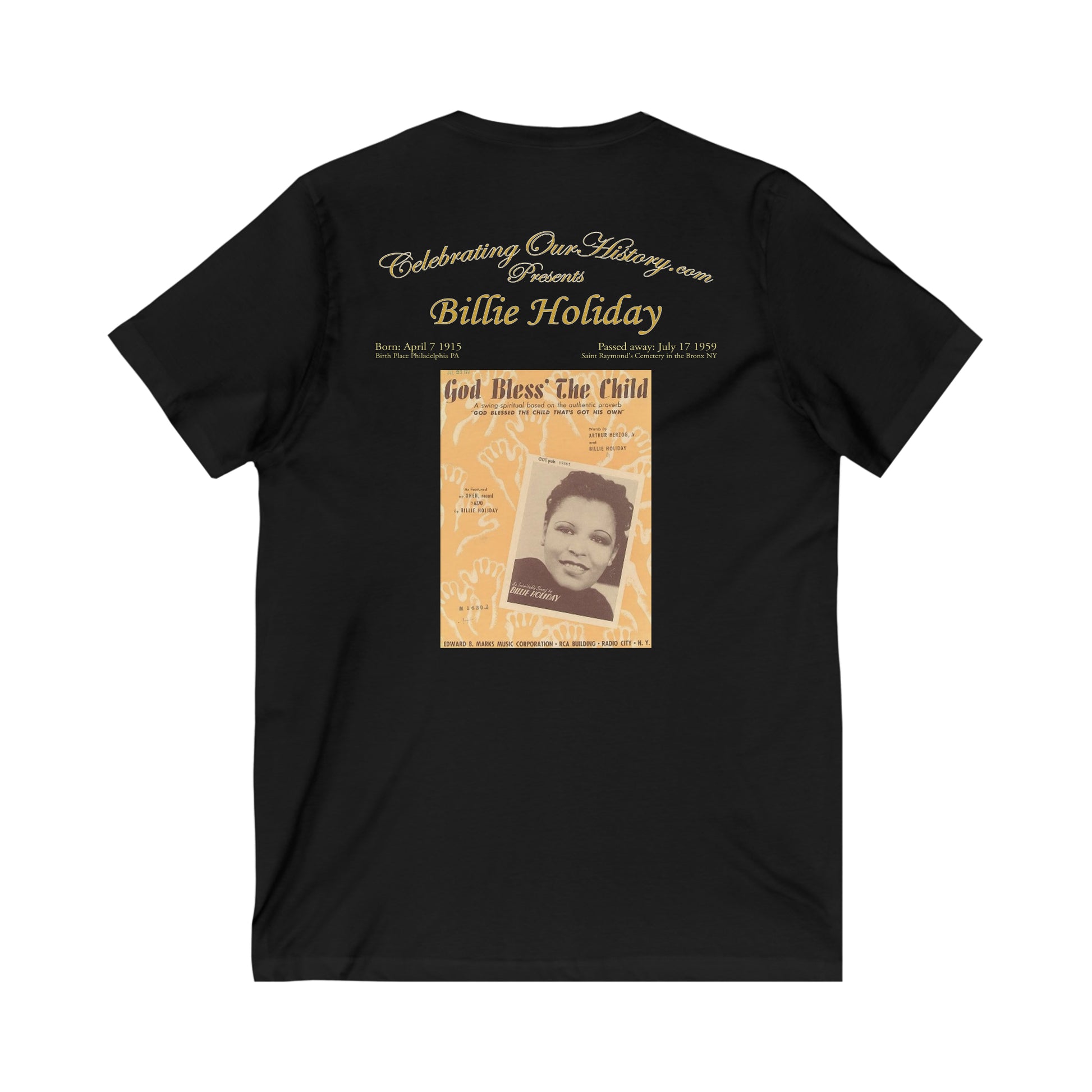 Billie Holiday - God Bless The Child - Front and Back Printed Concert Style V-Neck T-Shirt
