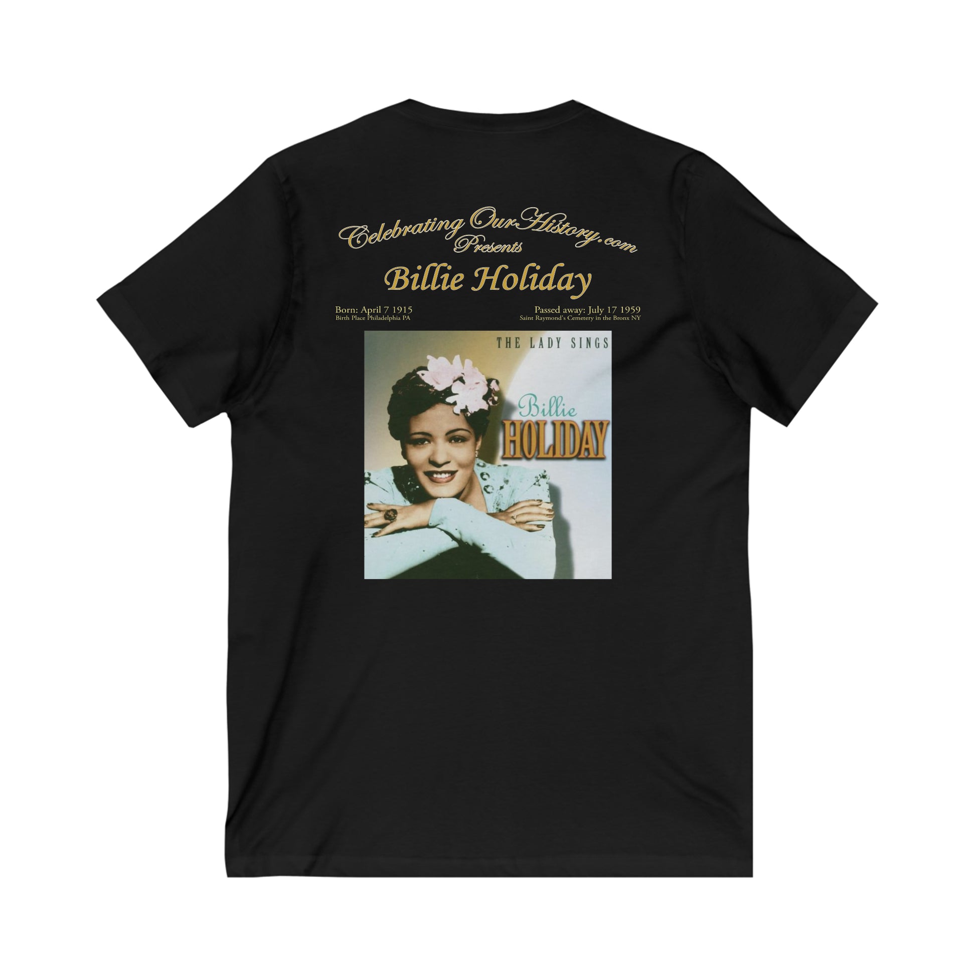 Billie Holiday - The Lady Sings - Front and Back Printed Concert Style V-Neck T-Shirt