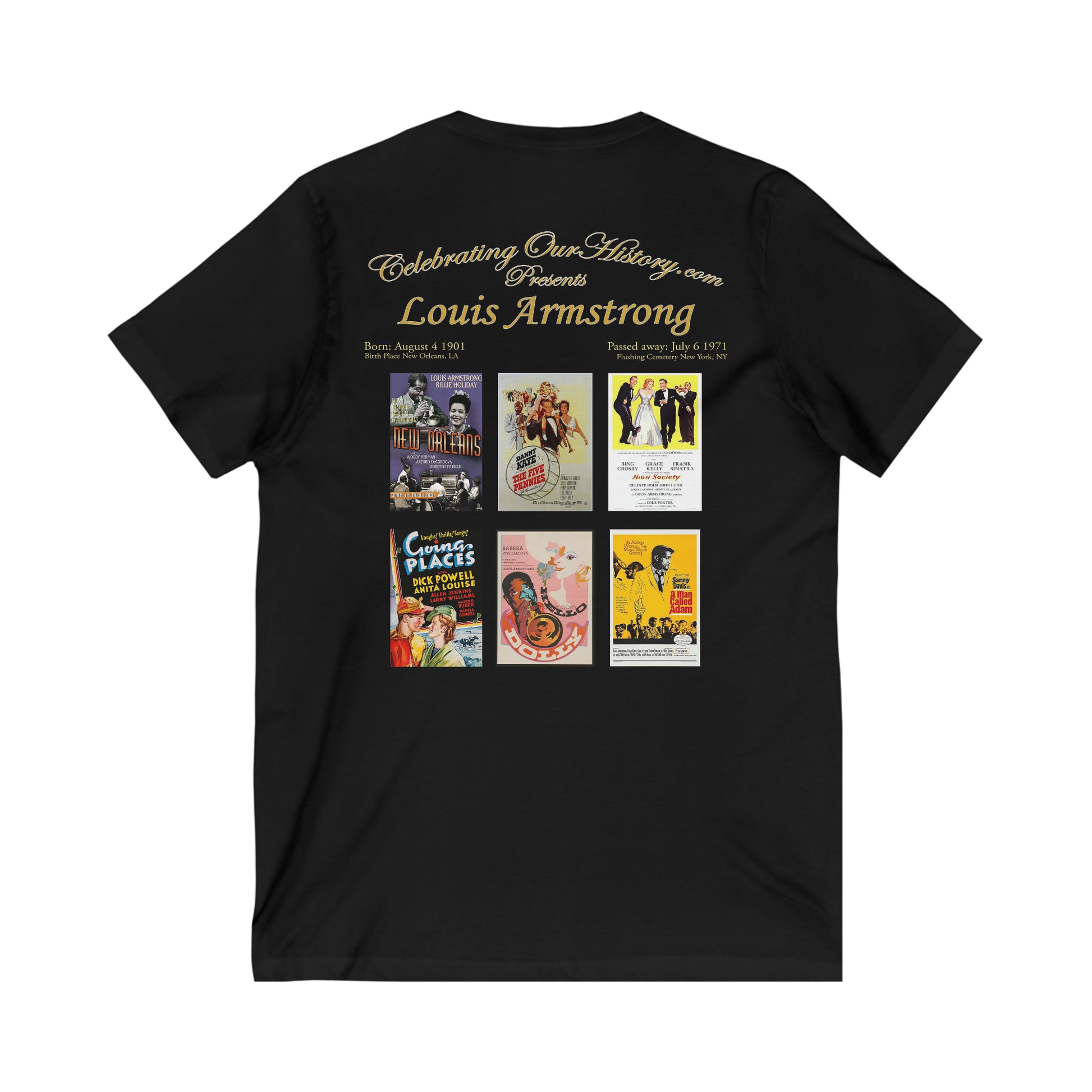 Louis Armstrong - Six Movie Posters - Front and Back Printed Concert Style V-Neck T-Shirt