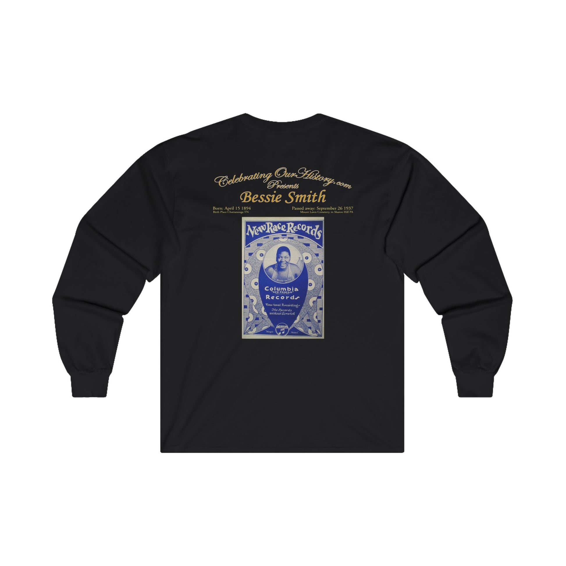 Bessie Smith - New Race Records - Front and Back Printed Concert Style Long Sleeve T-Shirt