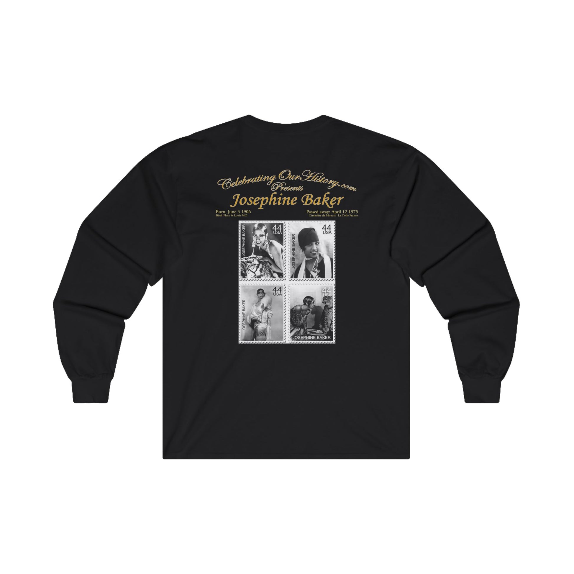 Josephine Baker - Four Stamps - Front and Back Printed Concert Style Long Sleeve T-Shirt