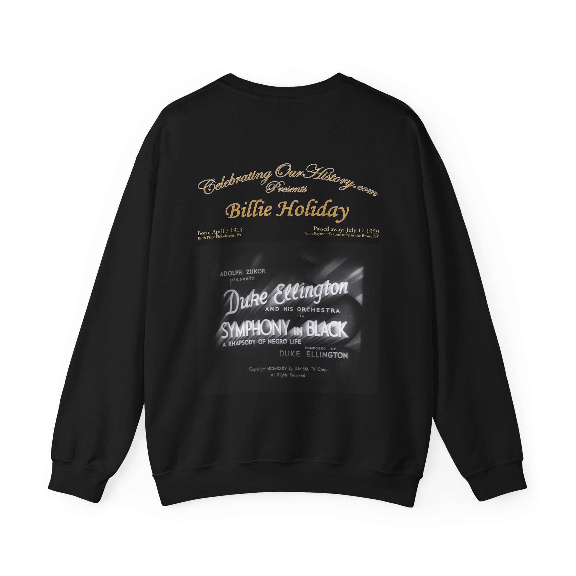Billie Holiday - Symphony in Black (1935) -  Front and Back Printed Concert Style Sweatshirt
