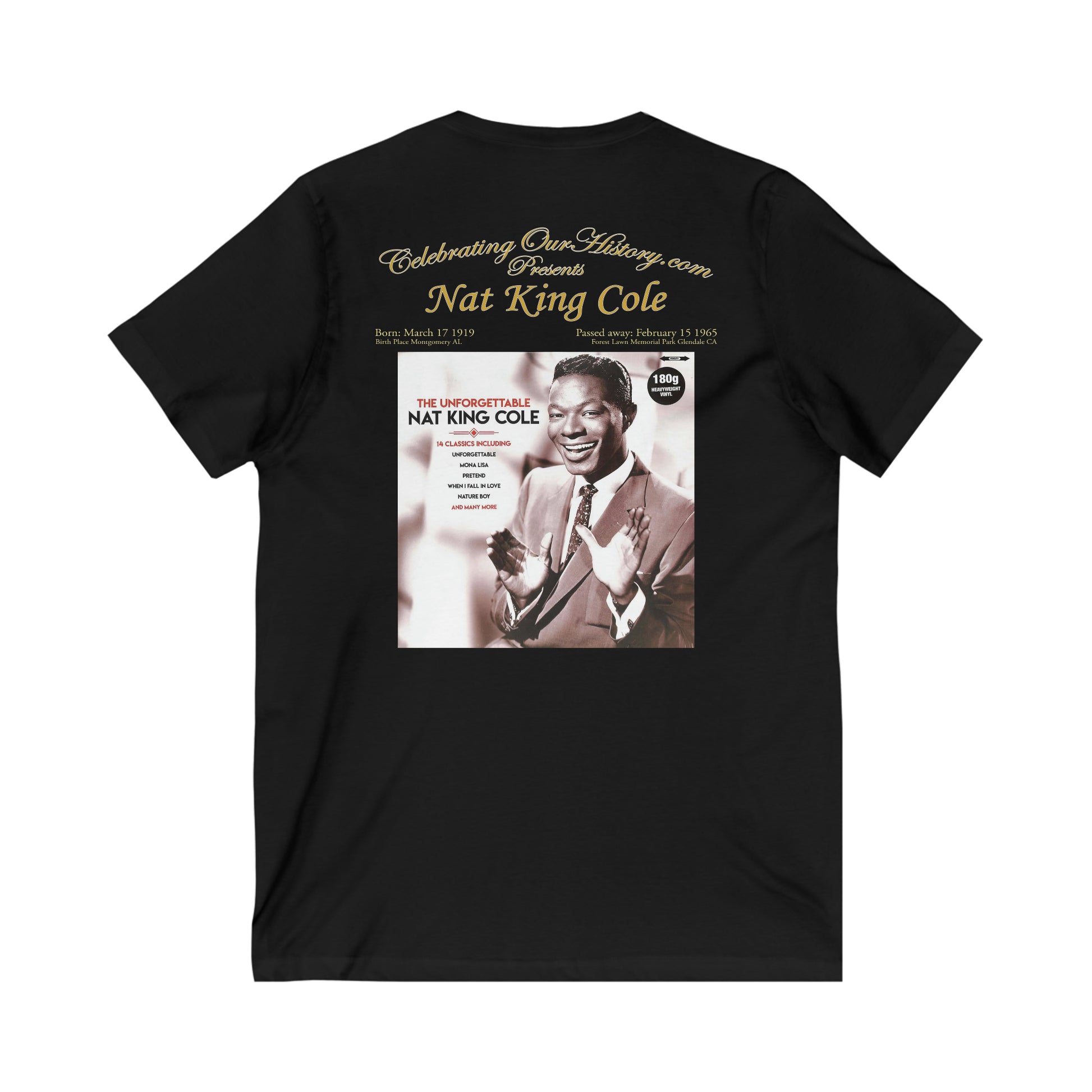 Nat King Cole - The Unforgettable Nat King Cole - Front and Back Printed Concert Style V-Neck T-Shirt