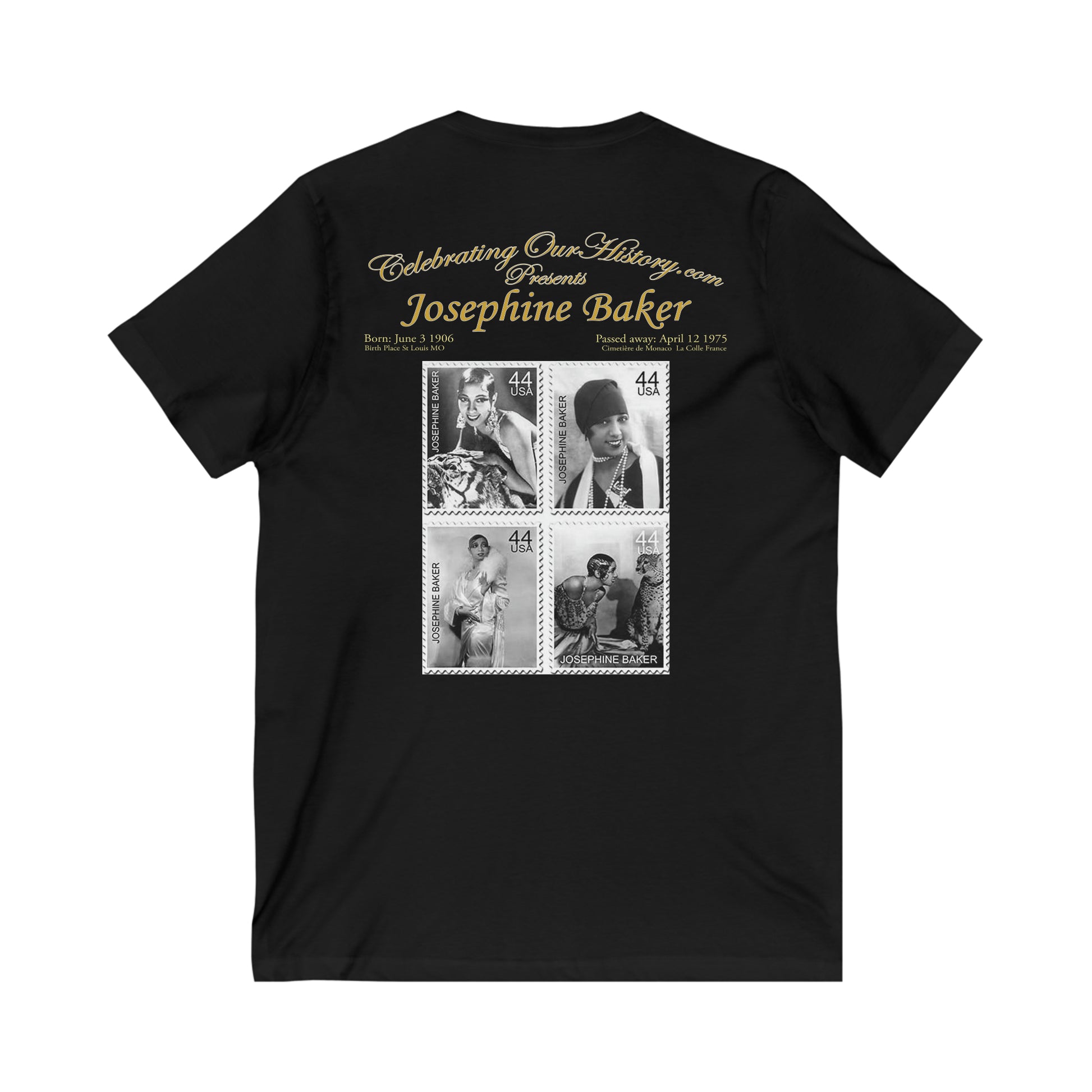 Josephine Baker - Four Stamps - Front and Back Printed Concert Style V-Neck T-Shirt