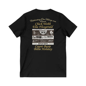 Chick Webb & Ella Fitzgerald vs Count Basie & Billie Holiday - Battle of Swing - Front and Back Printed Concert Style V-Neck T-Shirt