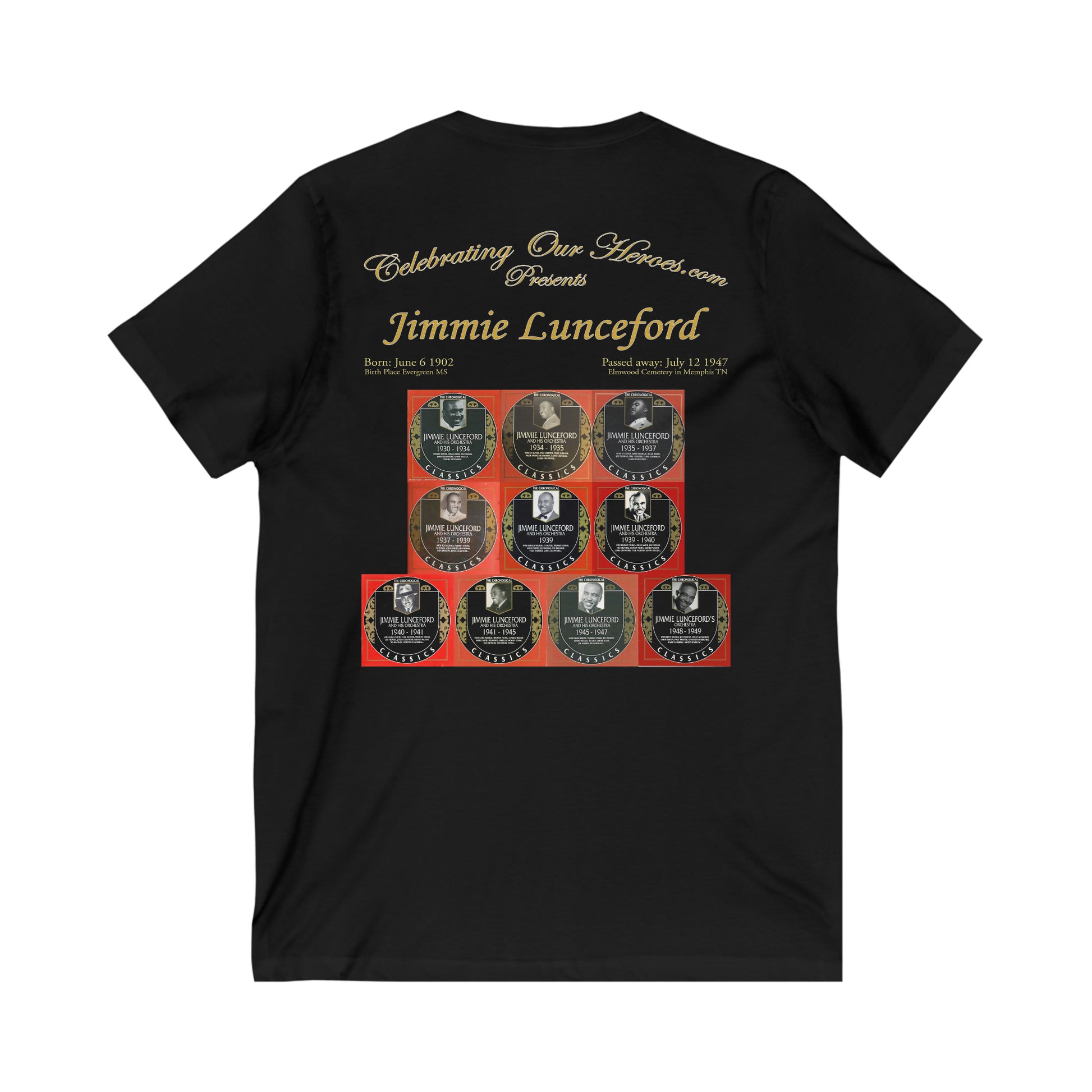 Jimmie Lunceford - Ten Records - Front and Back Printed Concert Style V-Neck T-Shirt