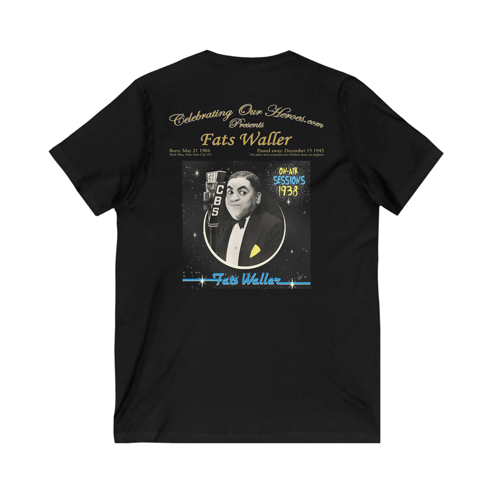 Fats Waller - On-Air Sessions 1938 - Front and Back Printed Concert Style V-Neck T-Shirt
