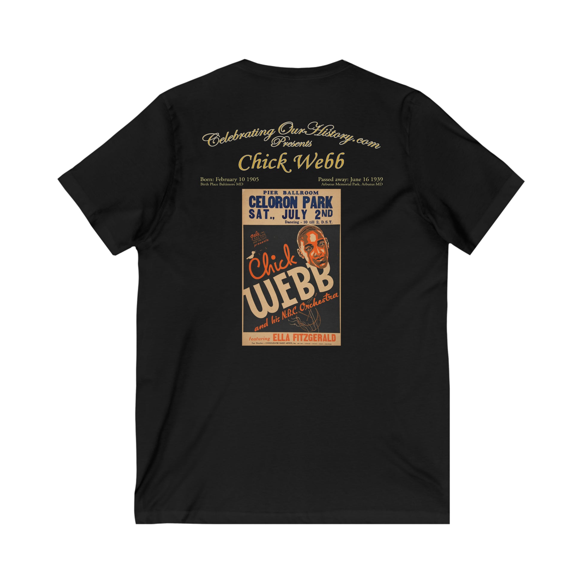 Chick Webb - Celoron Park - Front and Back Printed Concert Style V-Neck T-Shirt