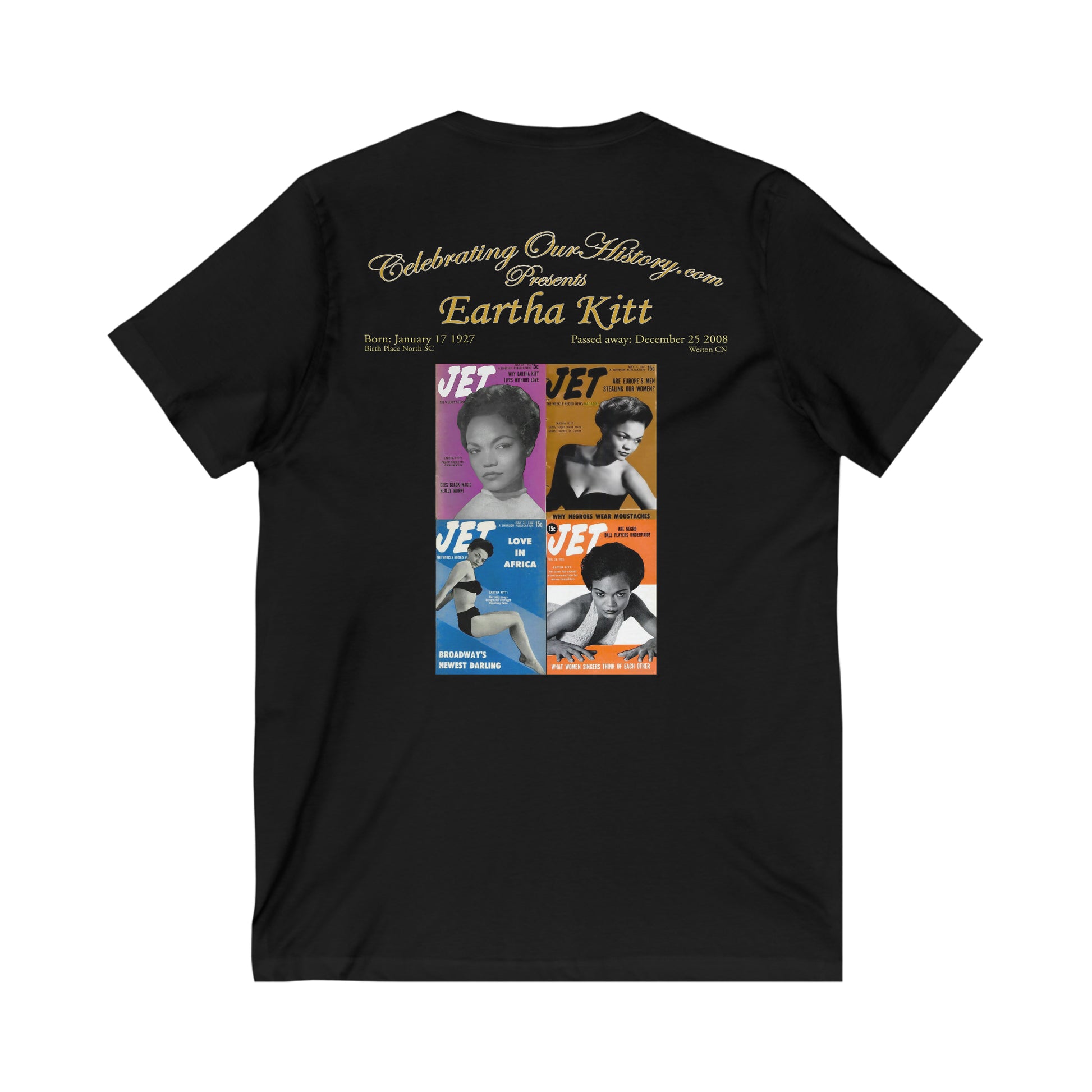 Eartha Kitt - Four Magazines - Front and Back Printed Concert Style V-Neck T-Shirt