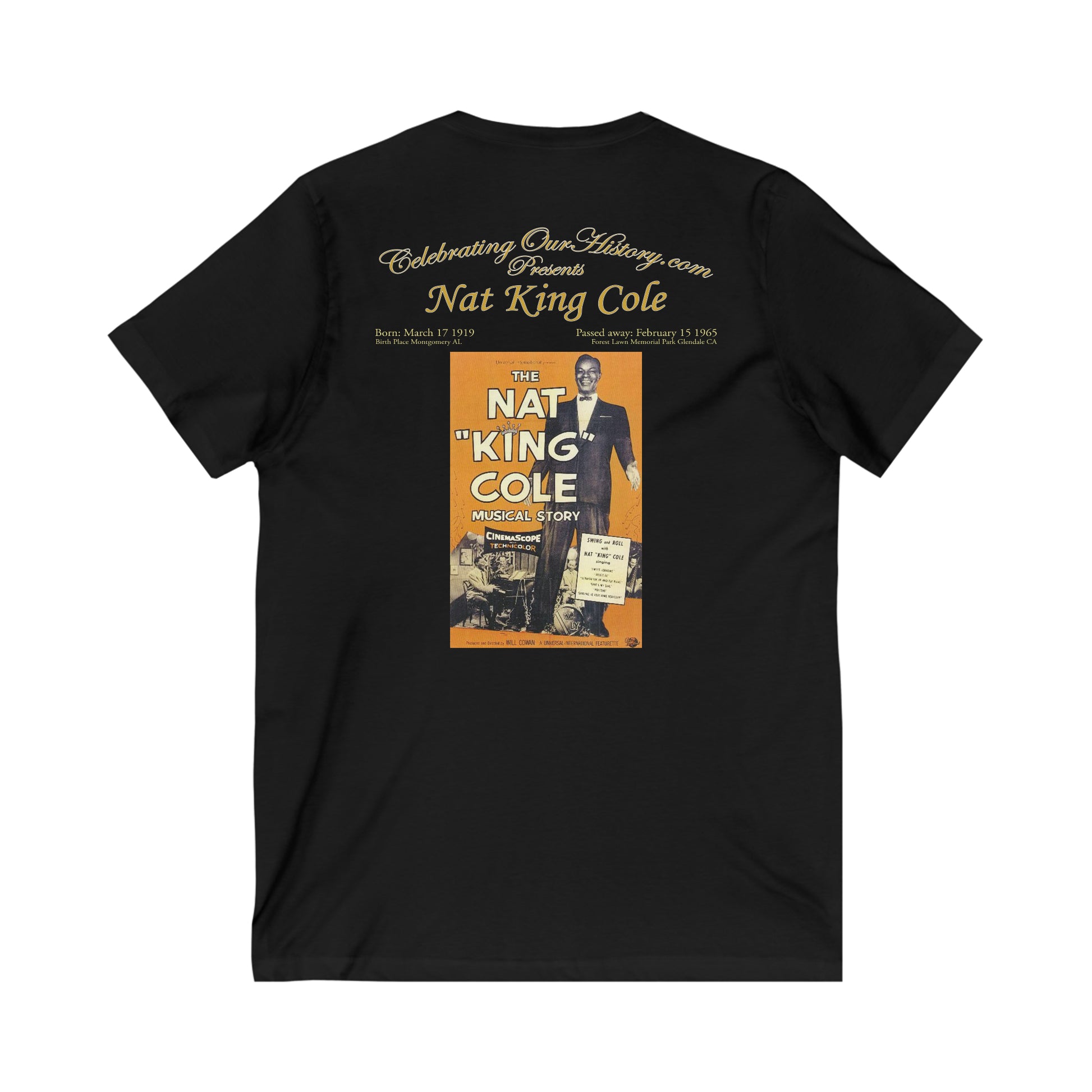 Nat King Cole - The Nat King Cole Musical Story (1955) - Front and Back Printed Concert Style V-Neck T-Shirt