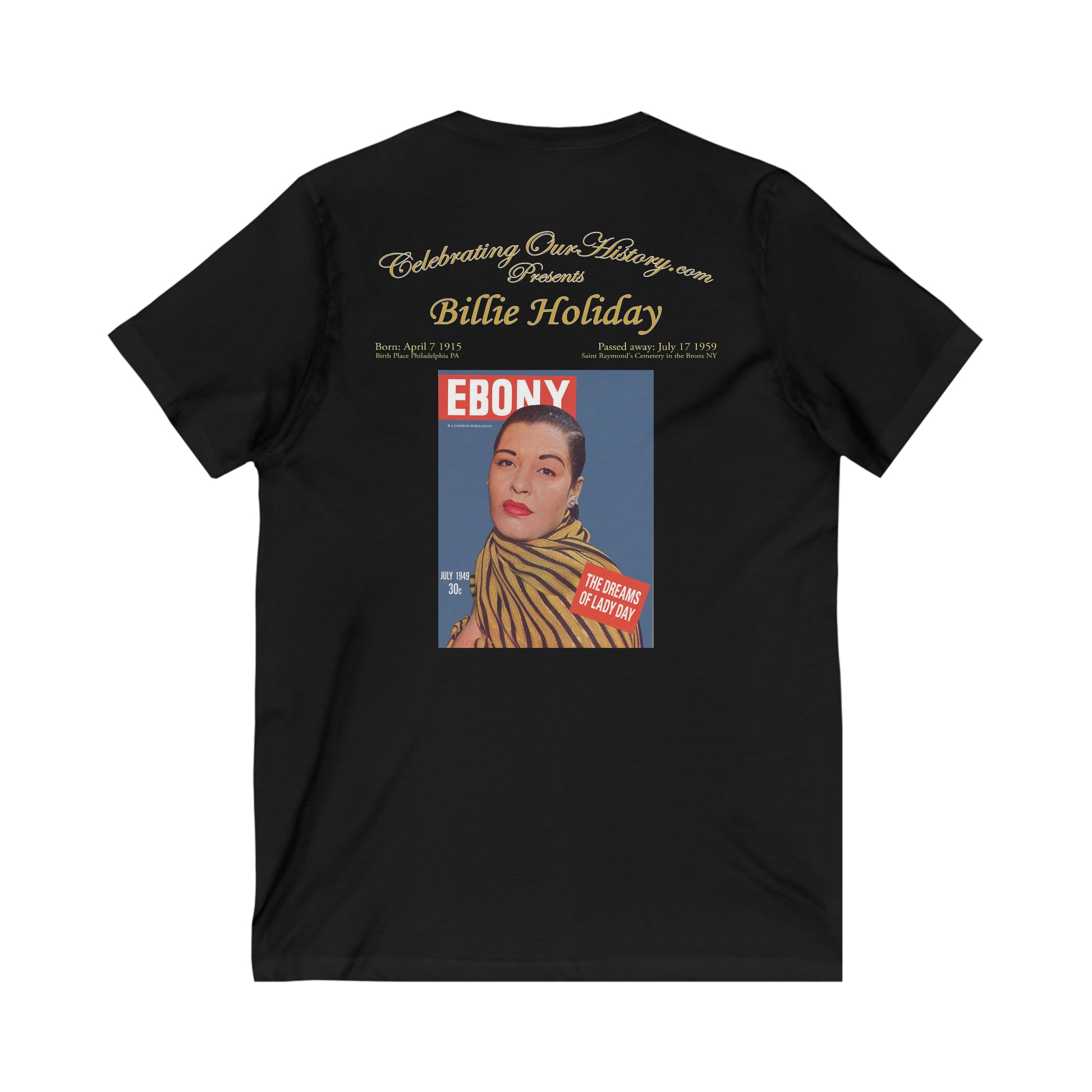 Billie Holiday - Ebony Magazine - Front and Back Printed Concert Style V-Neck T-Shirt