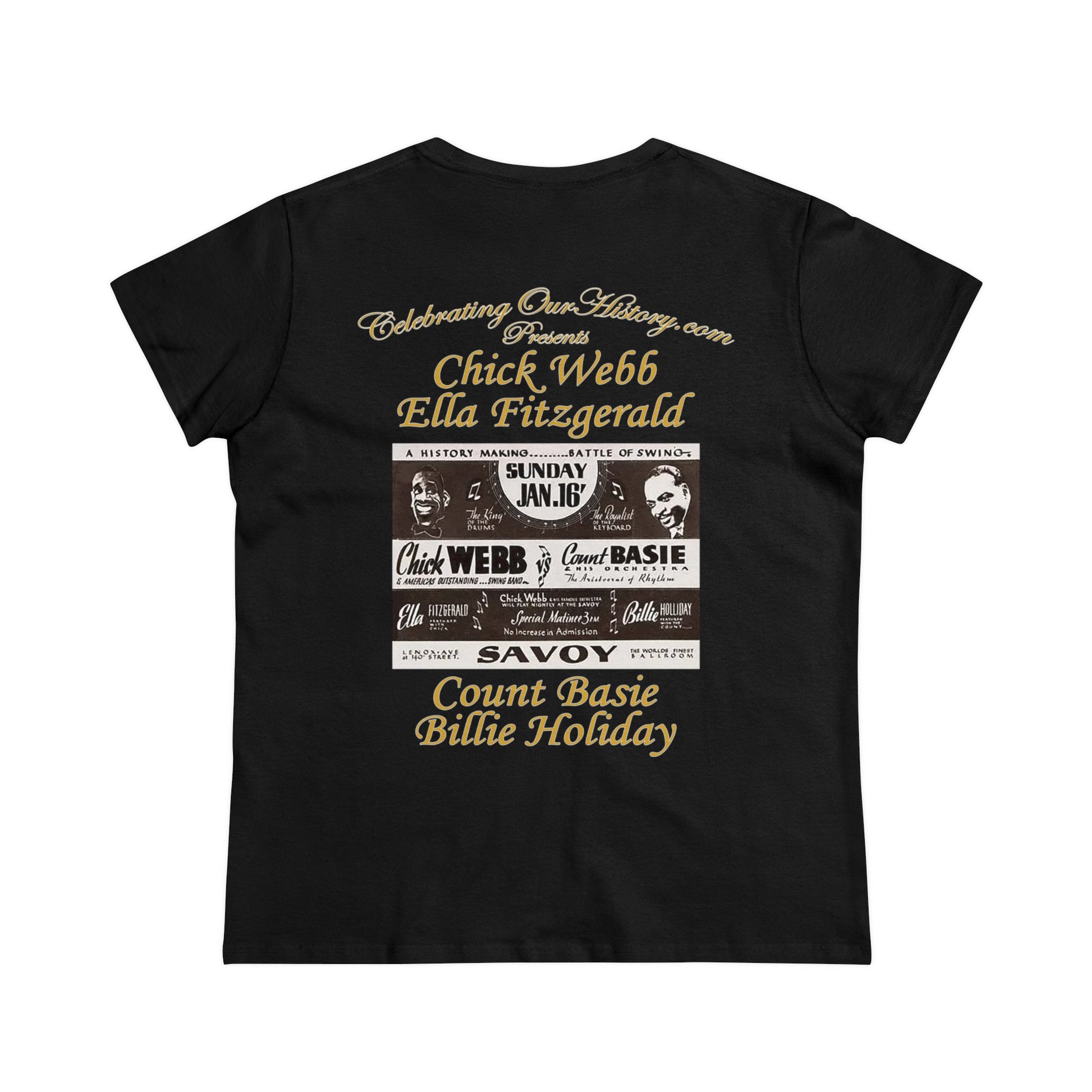 Chick Webb & Ella Fitzgerald vs Count Basie & Billie Holiday - Battle of Swing -  Front and Back Printed Concert Style Women's T-Shirt
