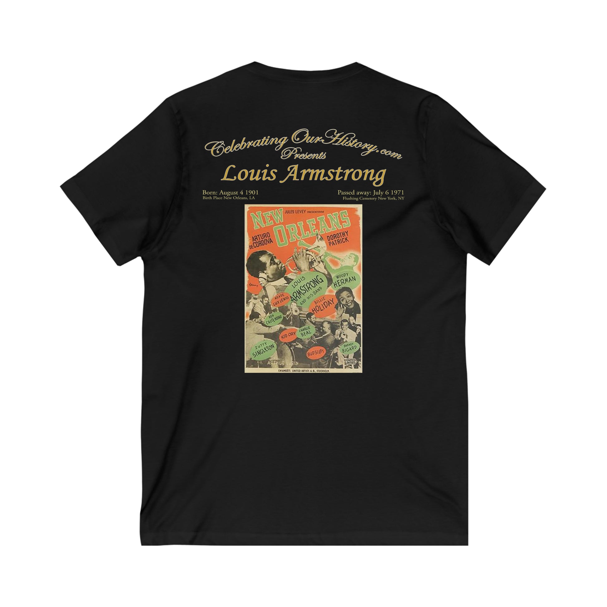 Louis Armstrong - New Orleans (1947) - Front and Back Printed Concert Style V-Neck T-Shirt