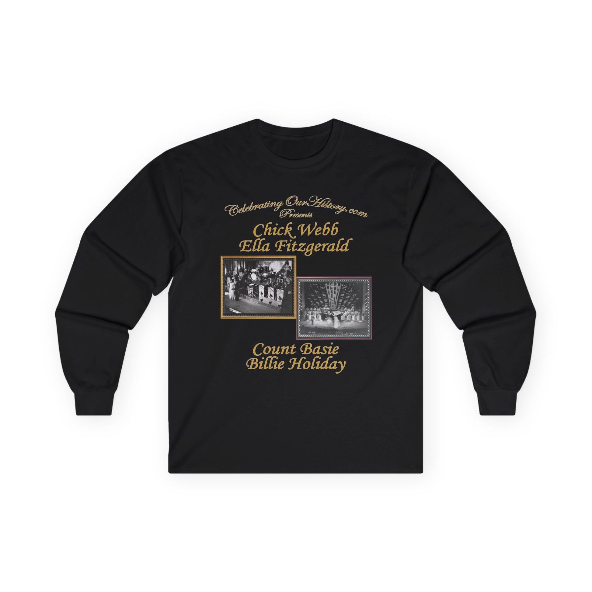 Chick Webb & Ella Fitzgerald vs Count Basie & Billie Holiday - Battle of Swing - Front and Back Printed Concert Style Long Sleeve T-Shirt