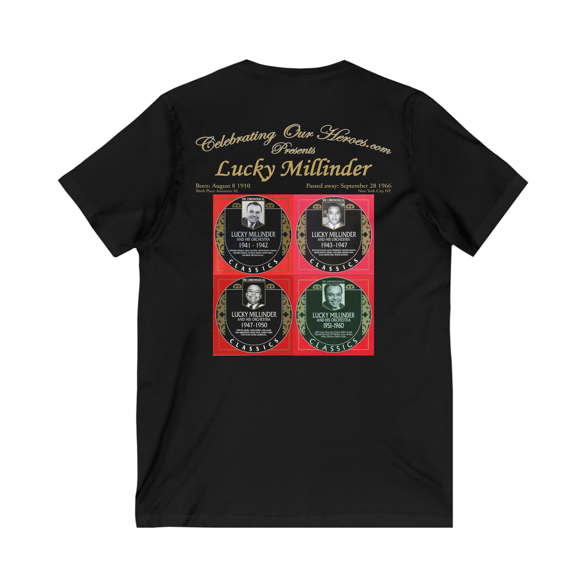 Lucky Millinder - Four Records - Front and Back Printed Concert Style V-Neck T-Shirt