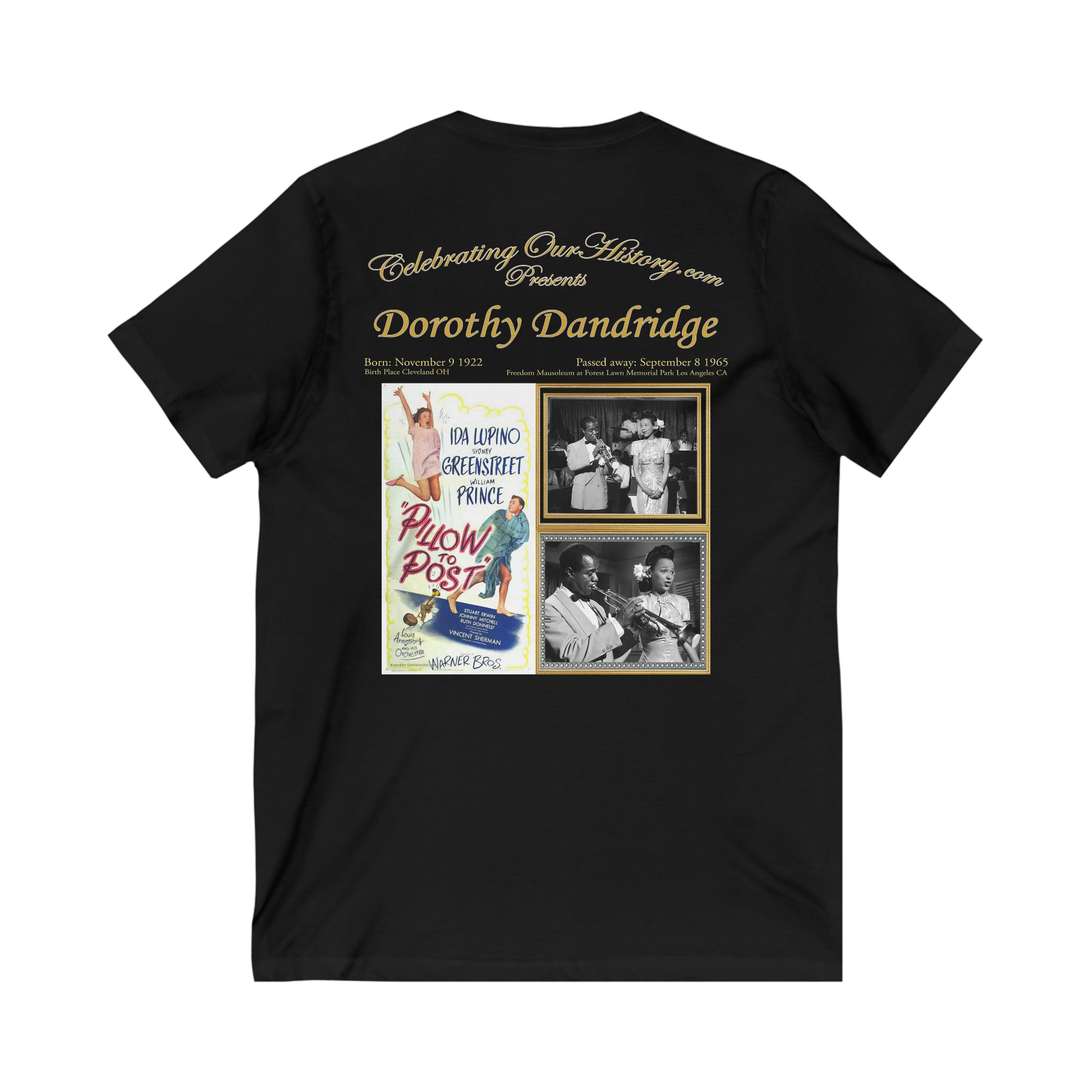 Dorothy Dandridge - Pillow to Post - Front and Back Printed Concert Style V-Neck T-Shirt