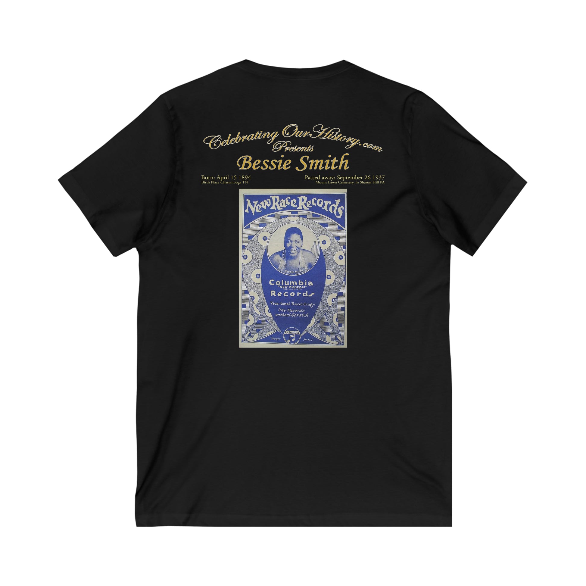 Bessie Smith - New Race Records - Front and Back Printed Concert Style V-Neck T-Shirt
