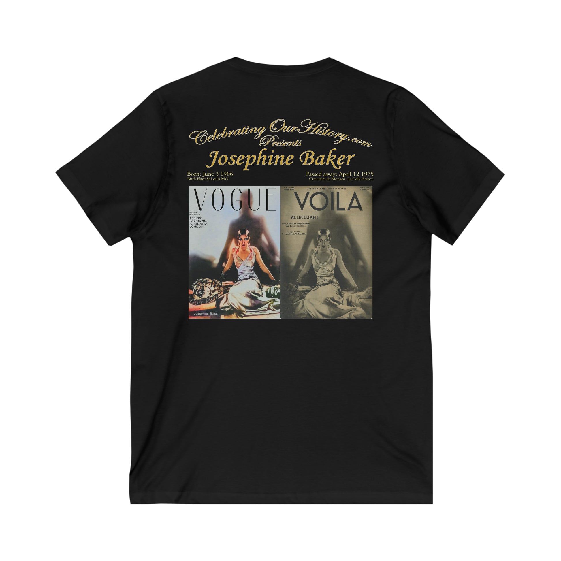 Josephine Baker - Vogue/Voila - Front and Back Printed Concert Style V-Neck T-Shirt