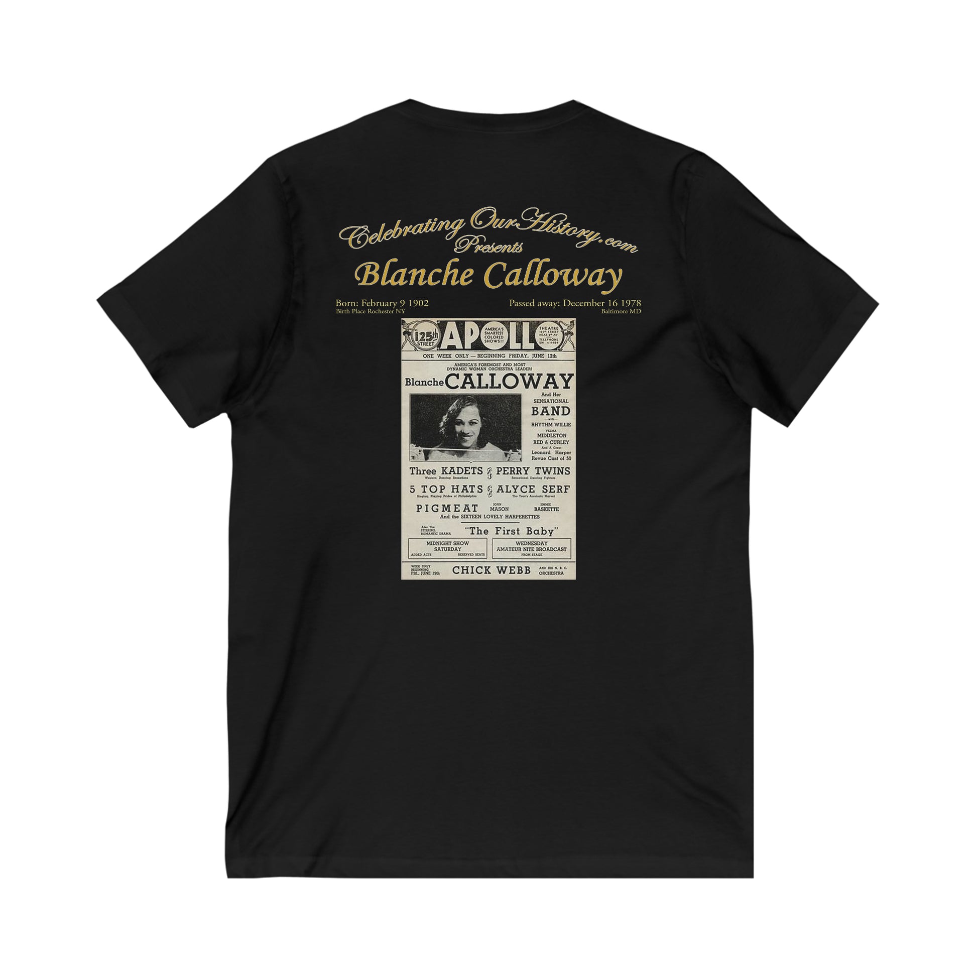 Blanche Calloway - Apollo - Front and Back Printed Concert Style V-Neck T-Shirt