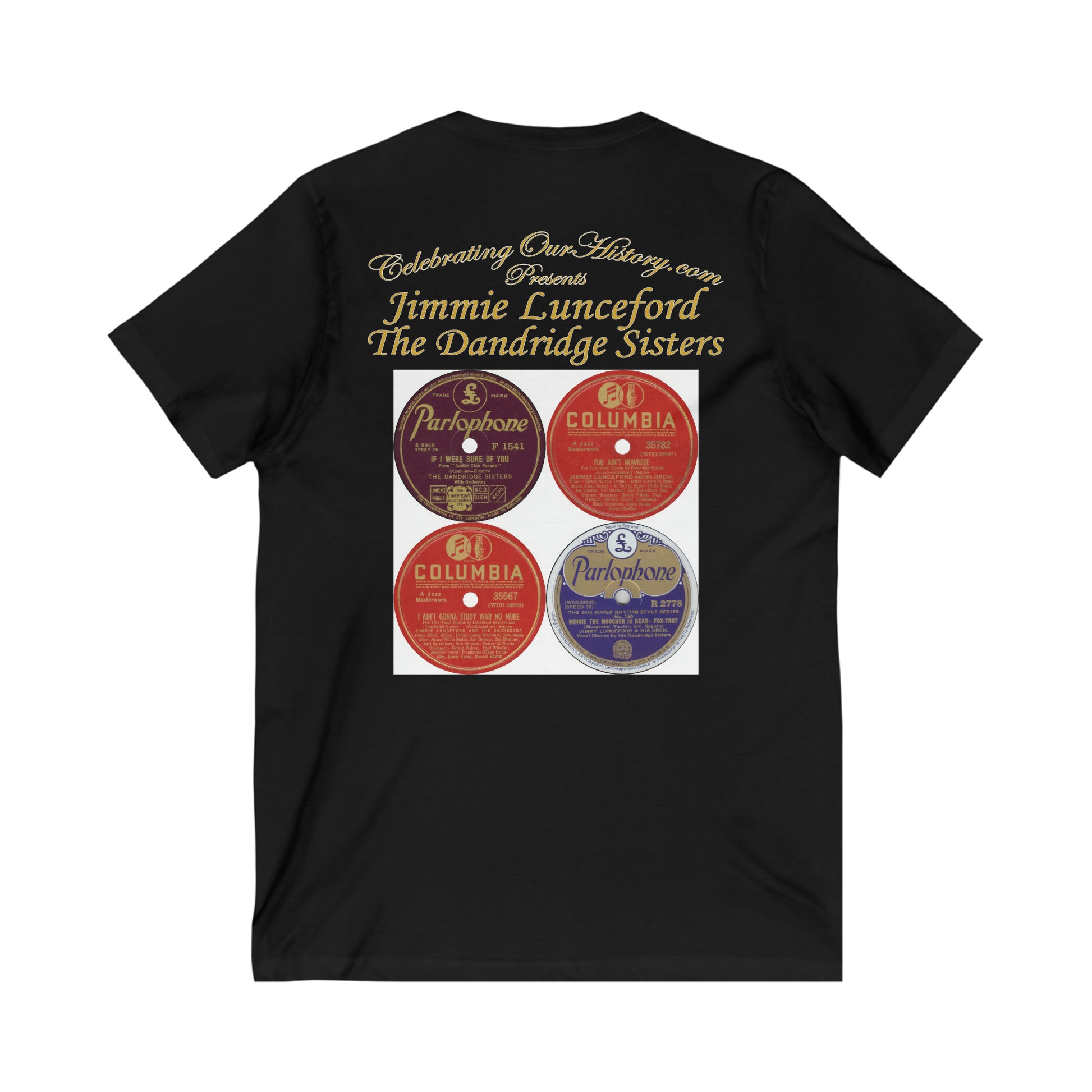 Jimmie Lunceford And The Dandridge Sisters - Four Records - Front and Back Printed Concert Style V-Neck T-Shirt