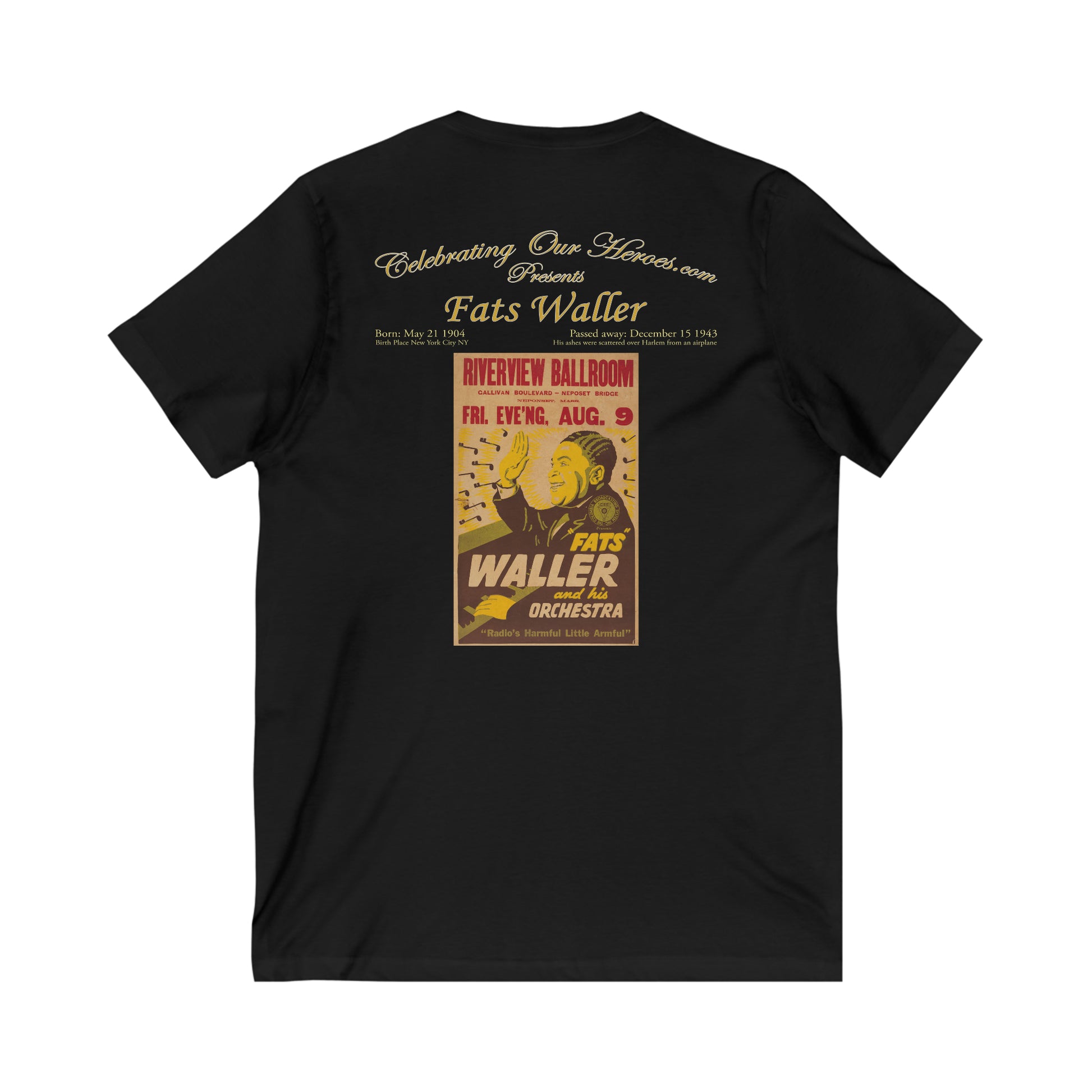 Fats Waller - Riverview Ballroom - Front and Back Printed Concert Style V-Neck T-Shirt