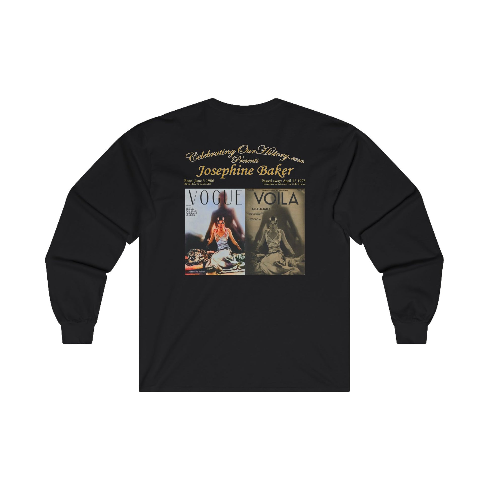 Josephine Baker - Vogue/Voila - Front and Back Printed Concert Style Long Sleeve T-Shirt