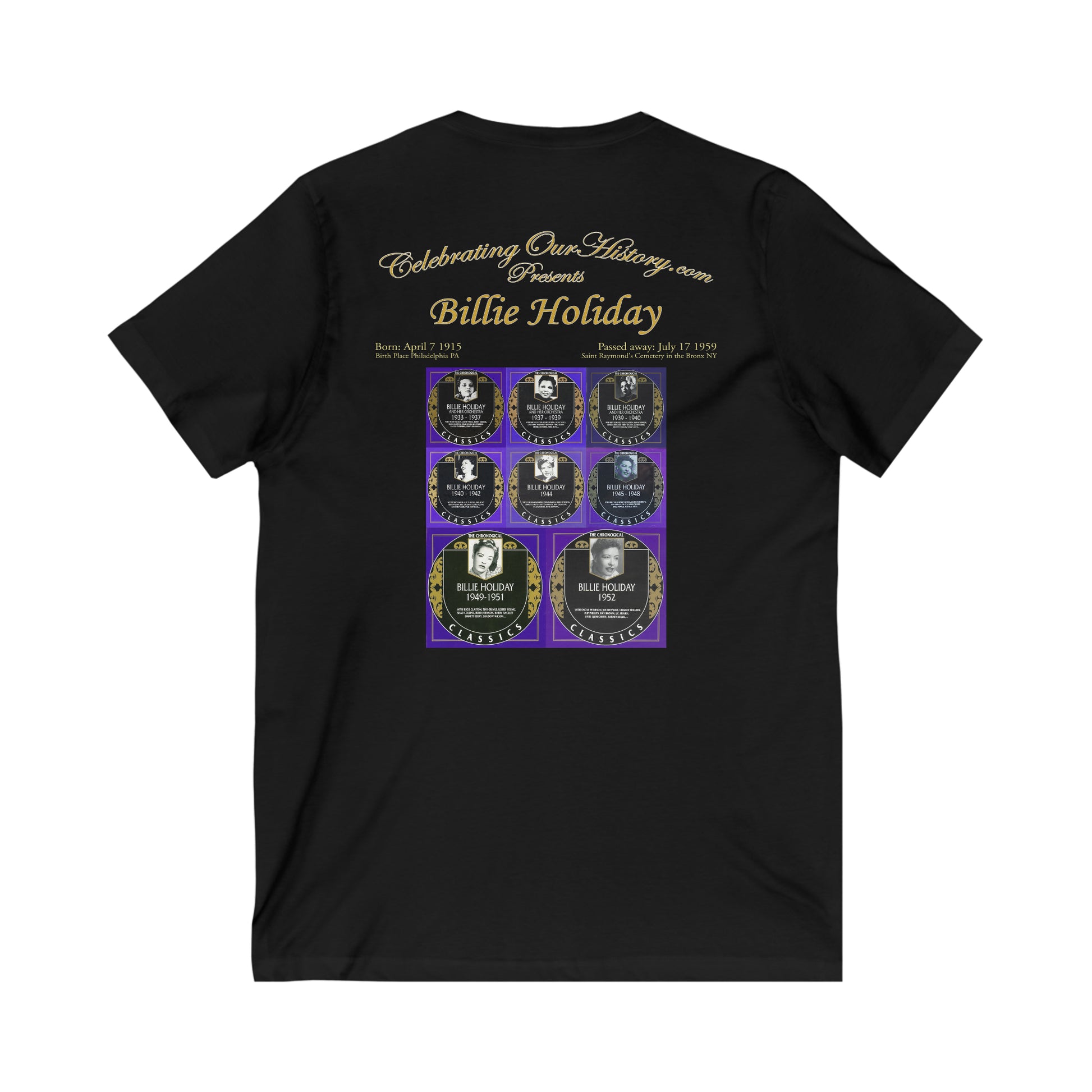 Billie Holiday - Billie Holiday Classics - Front and Back Printed Concert Style V-Neck T-Shirt