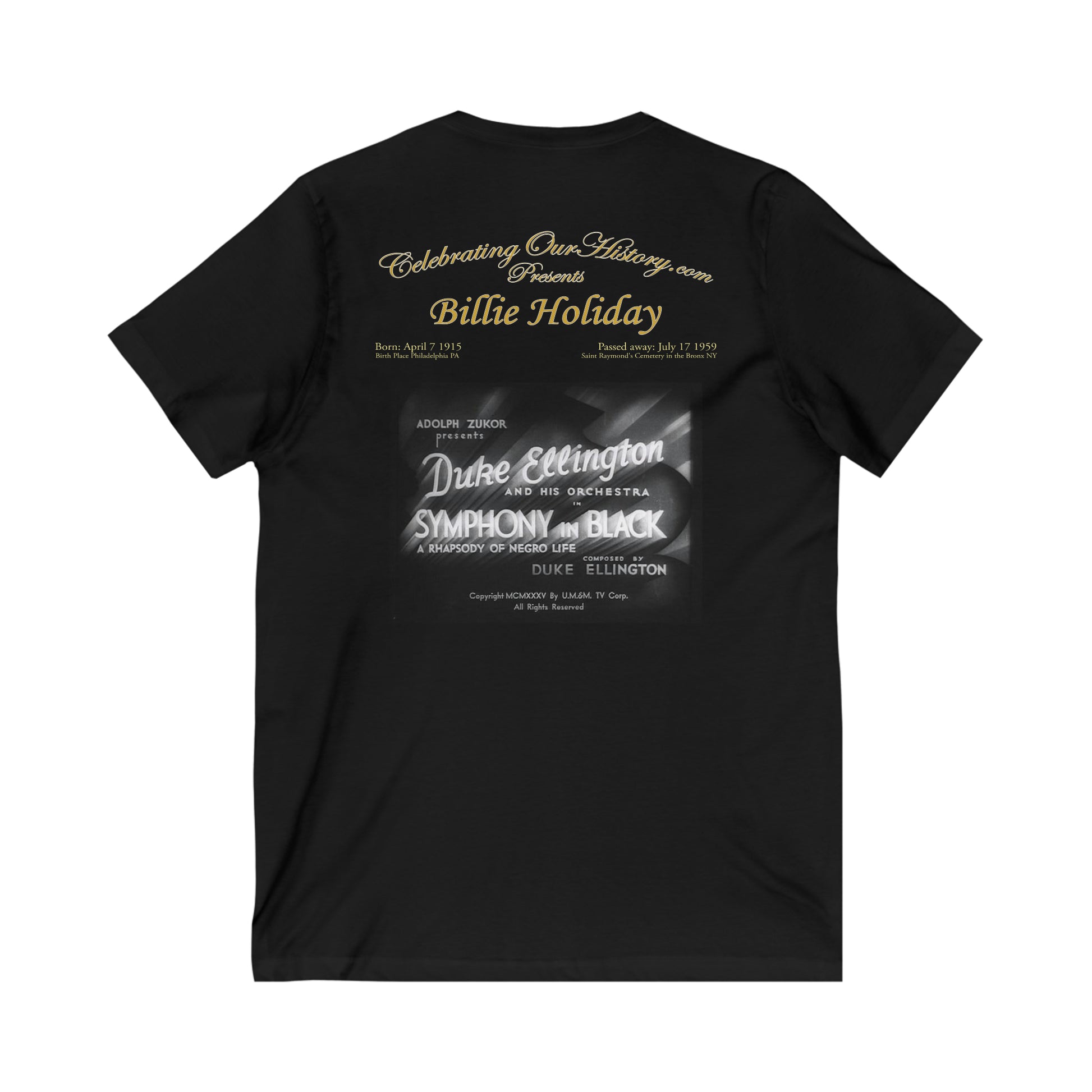Billie Holiday - Symphony in Black (1935) - Front and Back Printed Concert Style V-Neck T-Shirt
