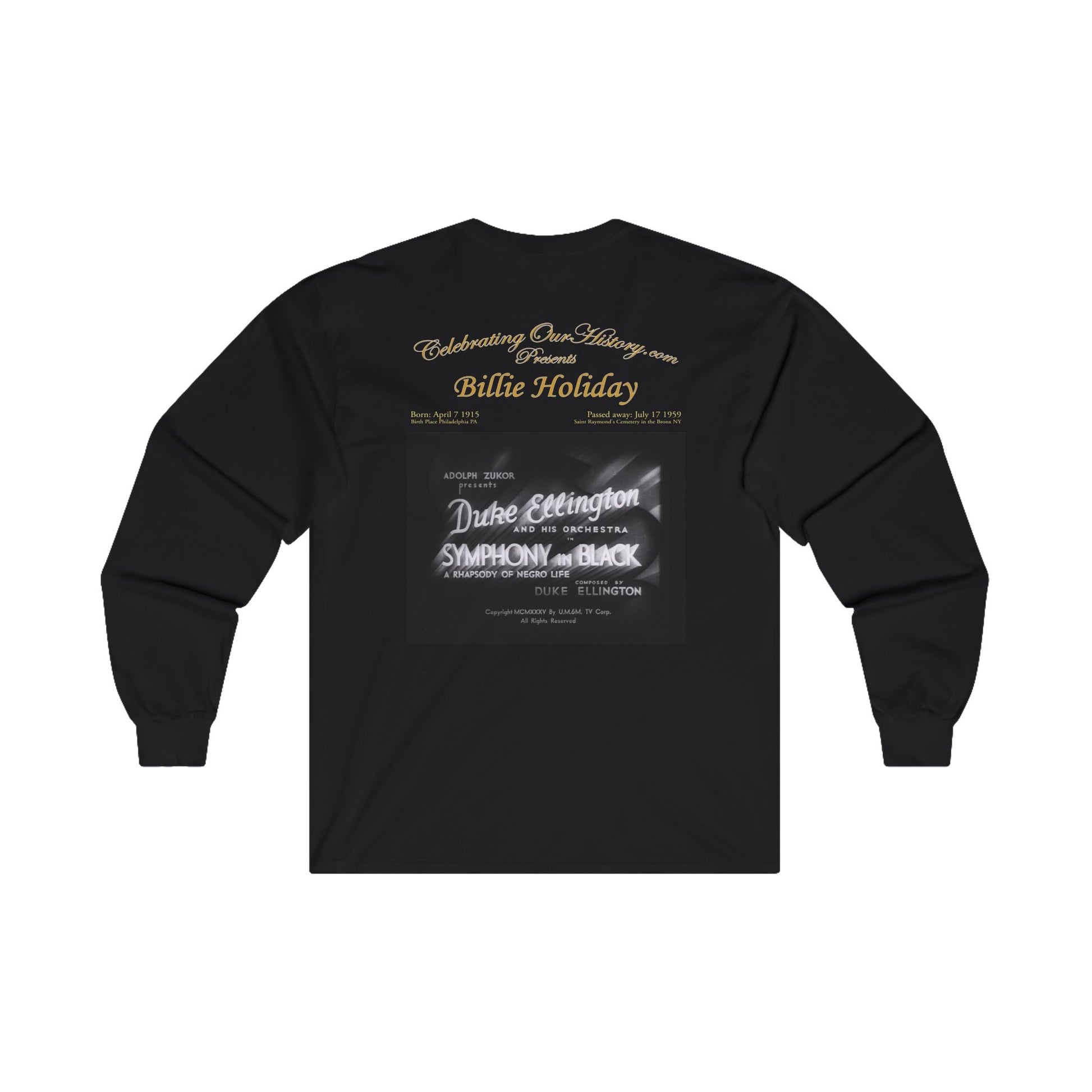 Billie Holiday - Symphony in Black (1935) - Front and Back Printed Concert Style Long Sleeve T-Shirt